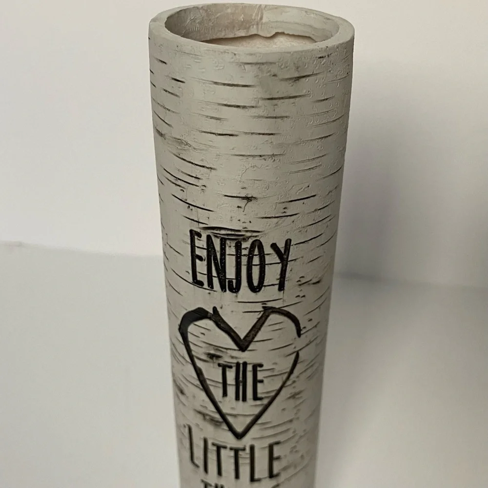 Birch Tree Vase “Enjoy the Little Things” Nature white black heart 7.75” EUC